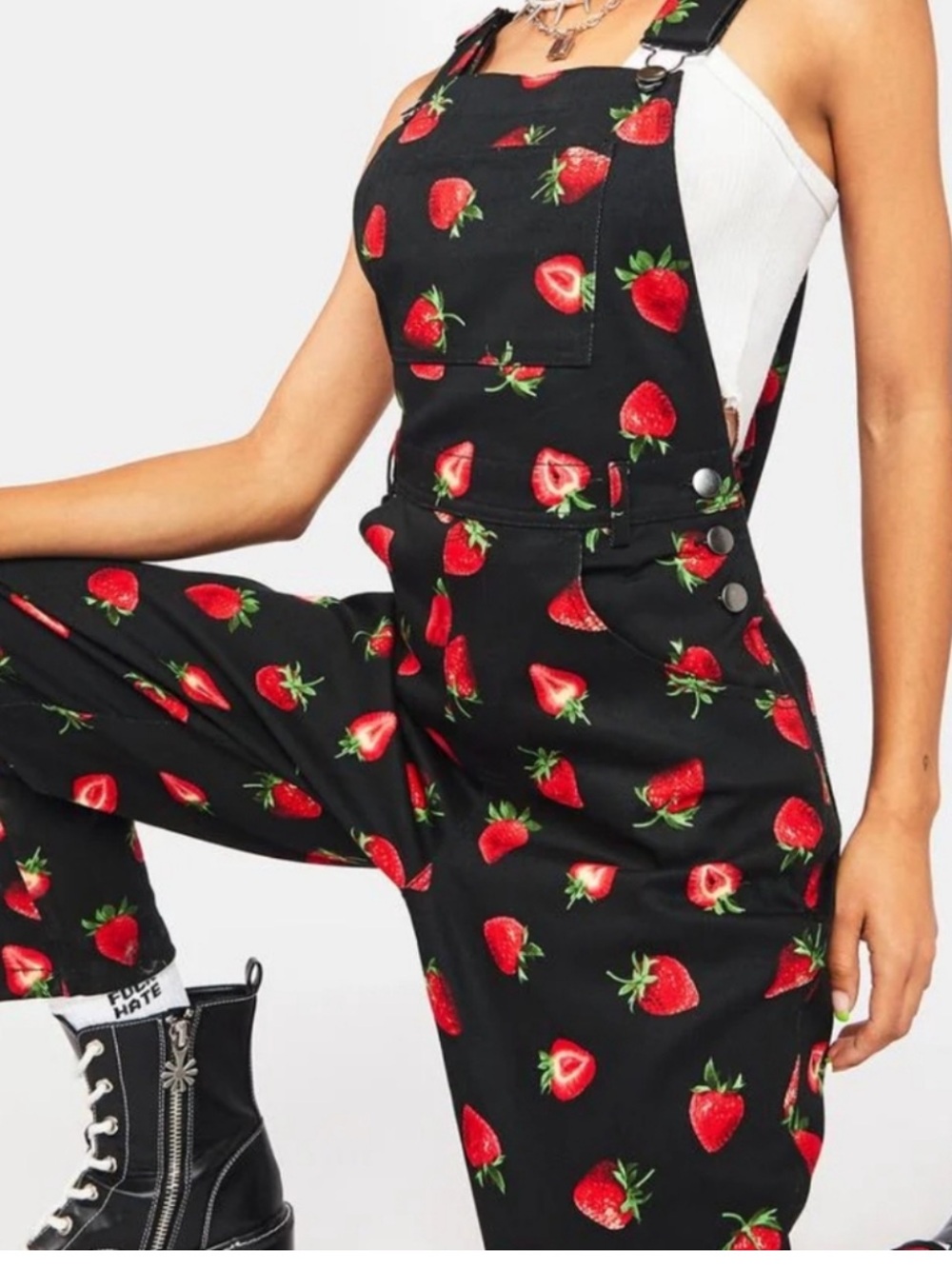 Dangerfield Women's Size 8 Strawberry Drill Tapered Leg Cargo Pocket Overalls